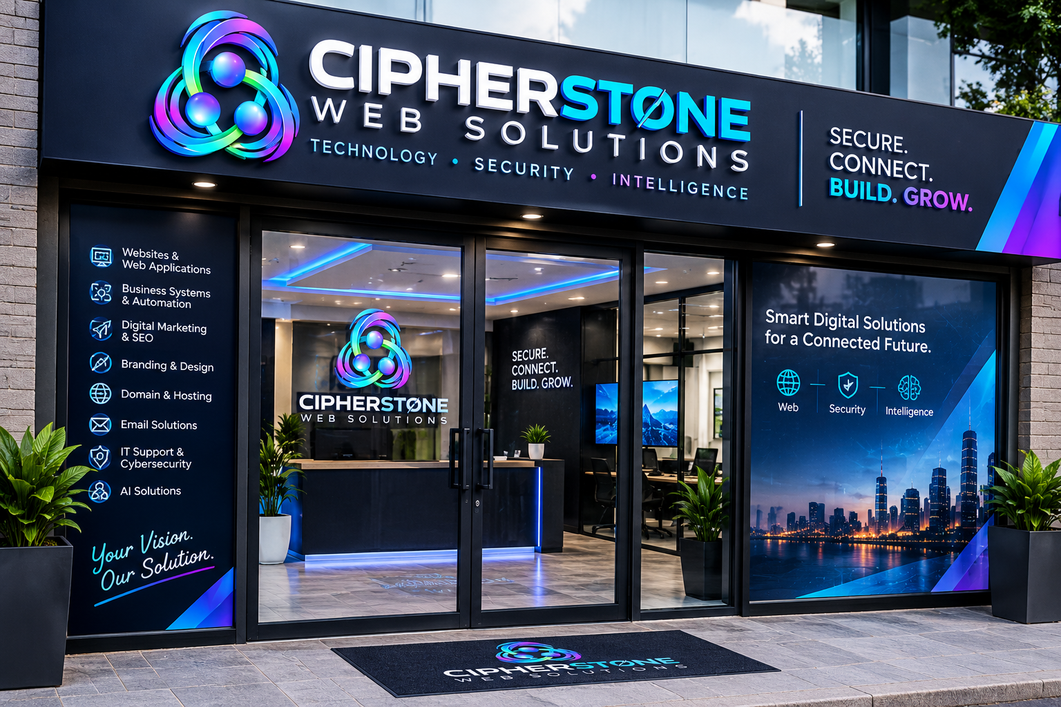 Cipherstone Web Solutions storefront showing website and web application development, business systems and automation, digital marketing and SEO, branding, domain and hosting, email, IT support, cybersecurity, and AI solutions